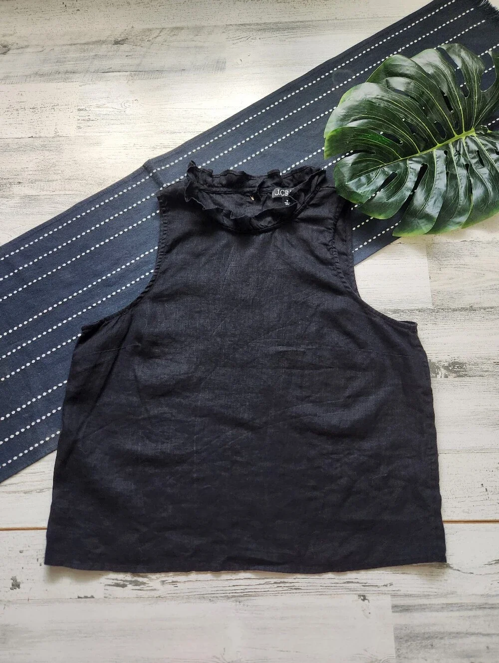 J.Crew Fleur Tank Top In Linen Ruffle Neckline Black Size Medium